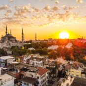 Sultan Ahmet Camii (The Blue Mosque) at sunset, Istanbul, Turkey.