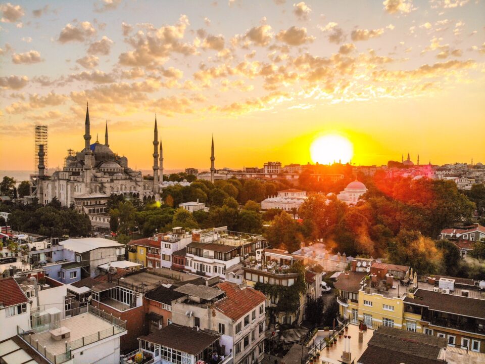 Sultan Ahmet Camii (The Blue Mosque) at sunset, Istanbul, Turkey.